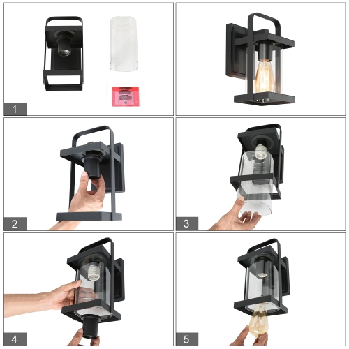 Applique murale industrielle à 1 lumière noire pour l'extérieur avec abat-jour en verre transparent