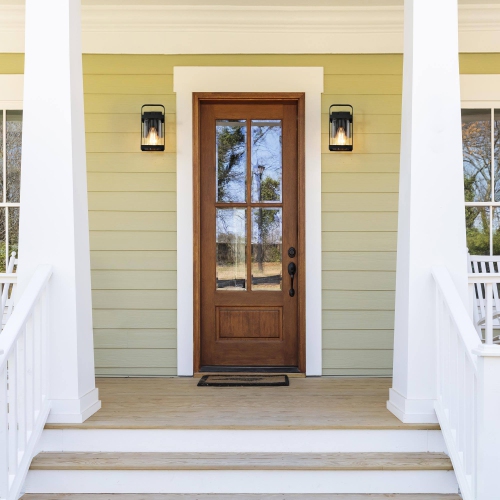 Applique murale industrielle à 1 lumière noire pour l'extérieur avec abat-jour en verre transparent
