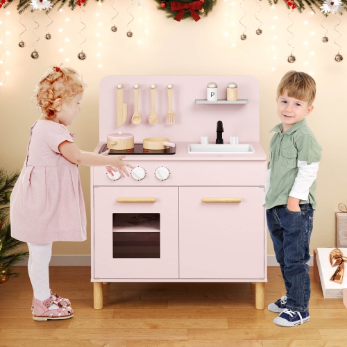Costway Kids Kitchen Playset with Light up Stove & Cooking Sounds Oven Sink Faucet