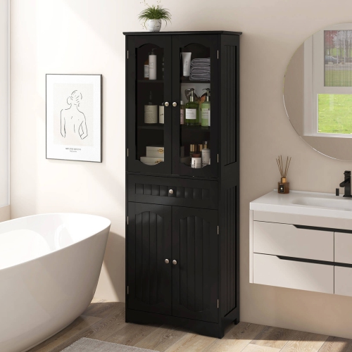 Costway 63" Tall Bathroom Cabinet with Tempered Glass Doors Adjustable Shelves Large Drawer