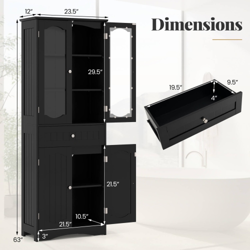Costway 63" Tall Bathroom Cabinet with Tempered Glass Doors Adjustable Shelves Large Drawer