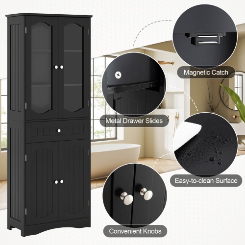 Costway 63" Tall Bathroom Cabinet with Tempered Glass Doors Adjustable Shelves Large Drawer
