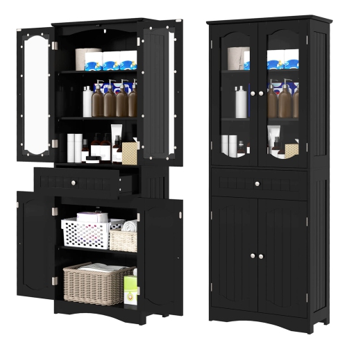 Costway 63" Tall Bathroom Cabinet with Tempered Glass Doors Adjustable Shelves Large Drawer