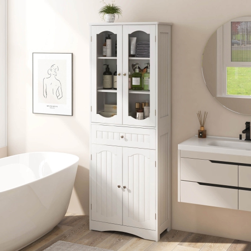 Costway 63" Tall Bathroom Cabinet with Tempered Glass Doors Adjustable Shelves Large Drawer