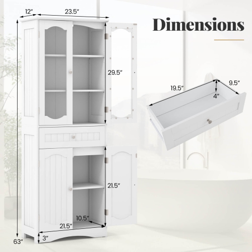 Costway 63" Tall Bathroom Cabinet with Tempered Glass Doors Adjustable Shelves Large Drawer