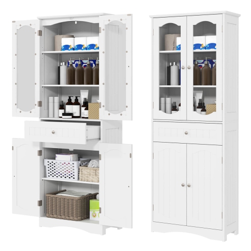 Costway 63" Tall Bathroom Cabinet with Tempered Glass Doors Adjustable Shelves Large Drawer