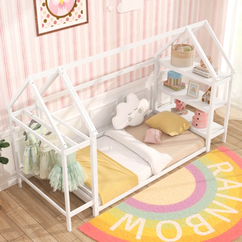Costway Twin Size House Bed Montessori Floor Bed with Detachable Storage Shelves