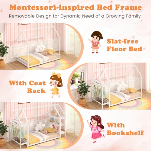 Costway Twin Size House Bed Montessori Floor Bed with Detachable Storage Shelves