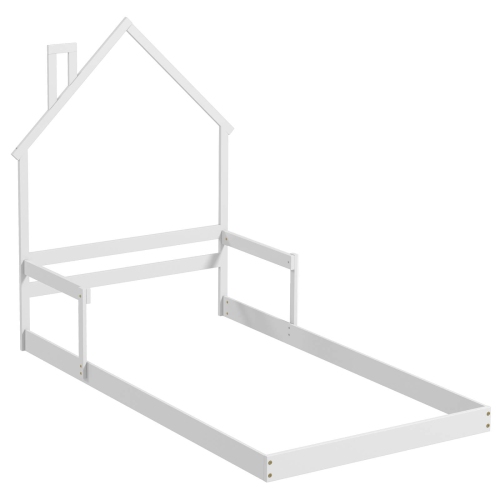 Costway Twin Size Floor Bed for Kids with Chimney Headboard & Handrail