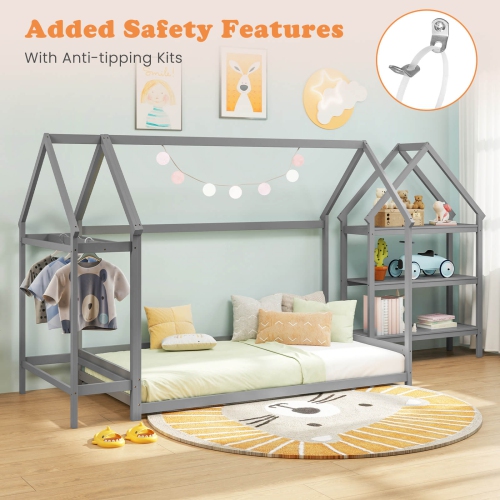 Lit maison simple Montessori de Costway avec tablettes de rangement amovibles