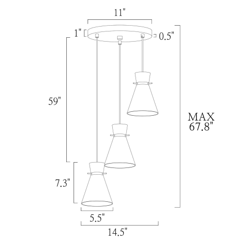 Luminaire suspendu moyen linéaire moderne/contemporain Glam, 3 po, laiton poli, 14,5, fini Uolfin