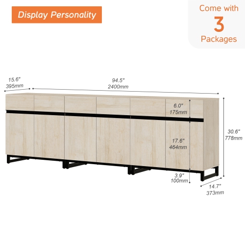 WAMPAT 3 in 1 Sideboard Buffet Cabinet, 94.5" Kitchen Storage Cabinet with Adjustable Shelf & Doors, Modern Coffee Bar Wood Credenza for Dining Room,