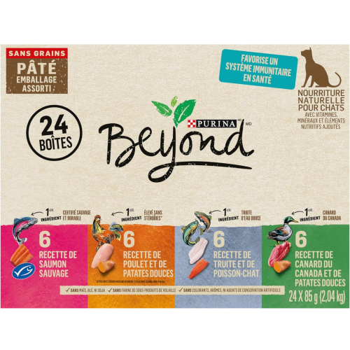 Engrais naturel pour chats Beyond Grain, pâté, emballage varié, 4 saveurs – boîte de 85 g