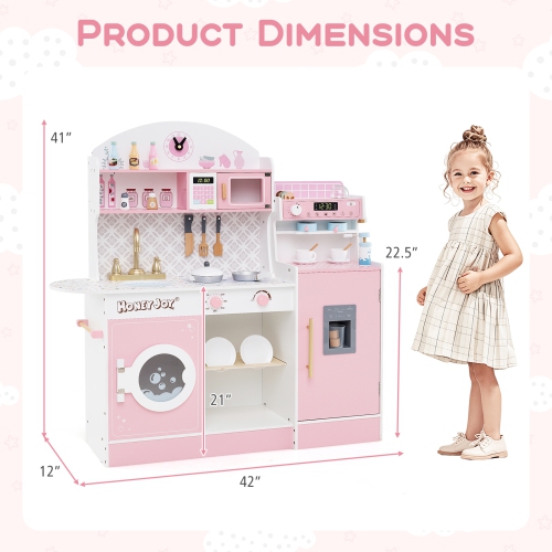 Honeyjoy Kids Kitchen Set Wooden Kitchen Playset with Clock, Microwave, Sink, Dish Rack