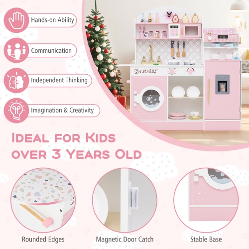 Honeyjoy Kids Kitchen Set Wooden Kitchen Playset with Clock, Microwave, Sink, Dish Rack