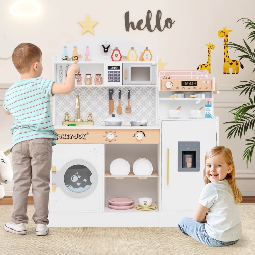 Ensemble de cuisine en bois Honeyjoy Kids avec horloge, four à micro-ondes, évier, support à vaisselle