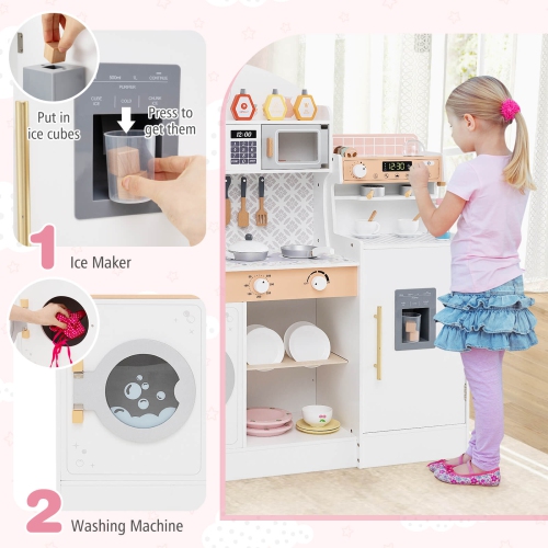 Ensemble de cuisine en bois Honeyjoy Kids avec horloge, four à micro-ondes, évier, support à vaisselle