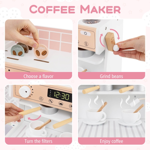 Ensemble de cuisine en bois Honeyjoy Kids avec horloge, four à micro-ondes, évier, support à vaisselle