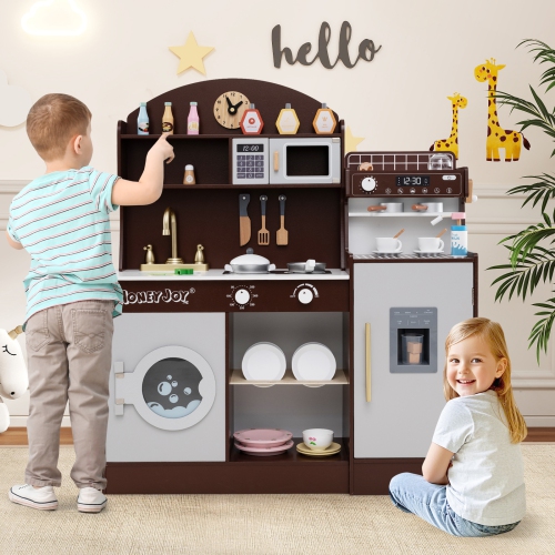 Honeyjoy Kids Kitchen Set Wooden Kitchen Playset with Clock, Microwave, Sink, Dish Rack