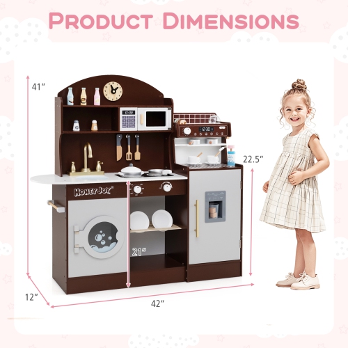 Honeyjoy Kids Kitchen Set Wooden Kitchen Playset with Clock, Microwave, Sink, Dish Rack