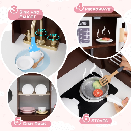 Honeyjoy Kids Kitchen Set Wooden Kitchen Playset with Clock, Microwave, Sink, Dish Rack