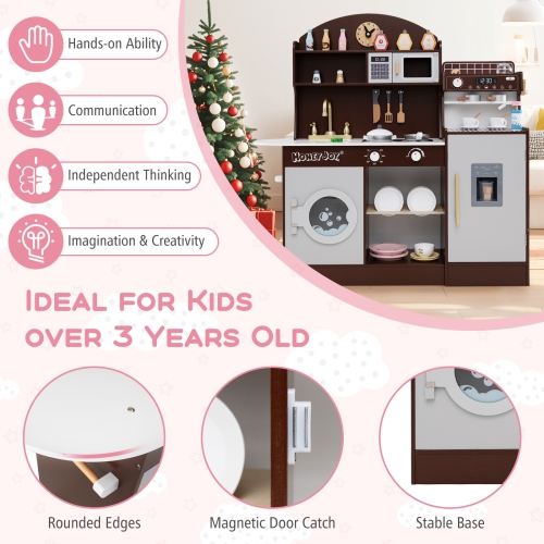 Honeyjoy Kids Kitchen Set Wooden Kitchen Playset with Clock, Microwave, Sink, Dish Rack