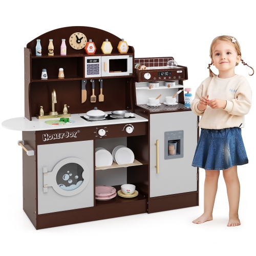 Honeyjoy Kids Kitchen Set Wooden Kitchen Playset with Clock, Microwave, Sink, Dish Rack