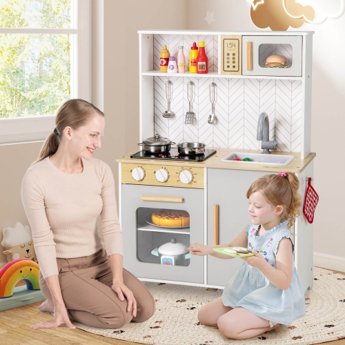 Ensemble de jeu de cuisine pour enfants de Costway avec sons lumineux Réchauds au micro-ondes Accessoires de cuisson au four