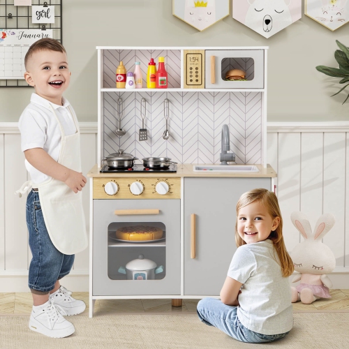 Ensemble de jeu de cuisine pour enfants de Costway avec sons lumineux Réchauds au micro-ondes Accessoires de cuisson au four