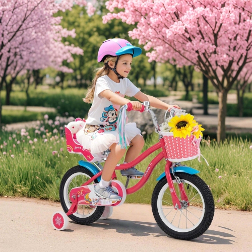 Costway 14 Inch Kids Bike with Basket Doll Seat & Colorful Streamers 2 Training Wheels