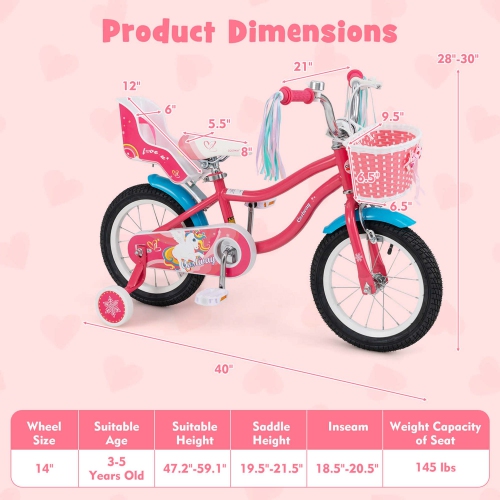 Costway 14 Inch Kids Bike with Basket Doll Seat & Colorful Streamers 2 Training Wheels
