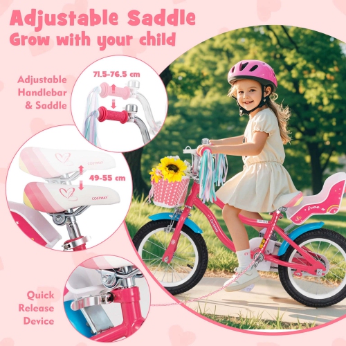 Costway 14 Inch Kids Bike with Basket Doll Seat & Colorful Streamers 2 Training Wheels