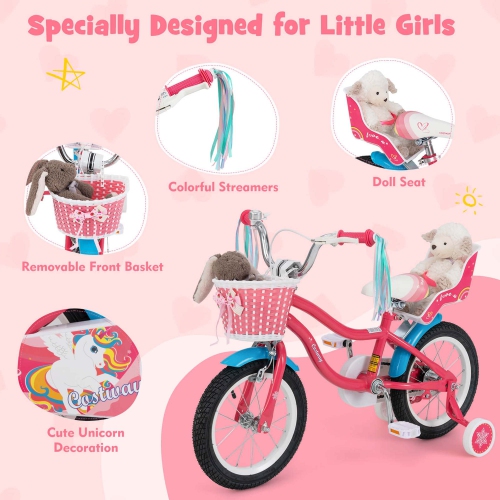 Costway 14 Inch Kids Bike with Basket Doll Seat & Colorful Streamers 2 Training Wheels