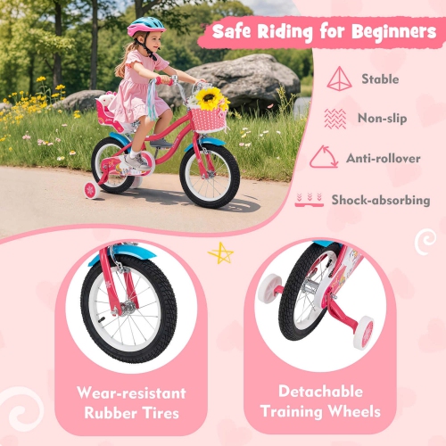 Costway 14 Inch Kids Bike with Basket Doll Seat & Colorful Streamers 2 Training Wheels