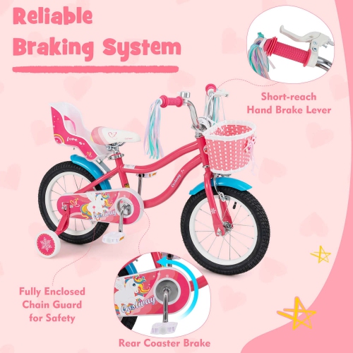 Costway 14 Inch Kids Bike with Basket Doll Seat & Colorful Streamers 2 Training Wheels