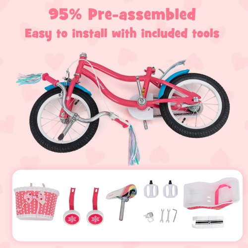Costway 14 Inch Kids Bike with Basket Doll Seat & Colorful Streamers 2 Training Wheels