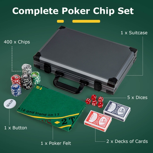 Ensemble de jetons de poker Texas Holdem de Costway avec 400 jetons, 2 paquets de cartes et un bouton de marchand