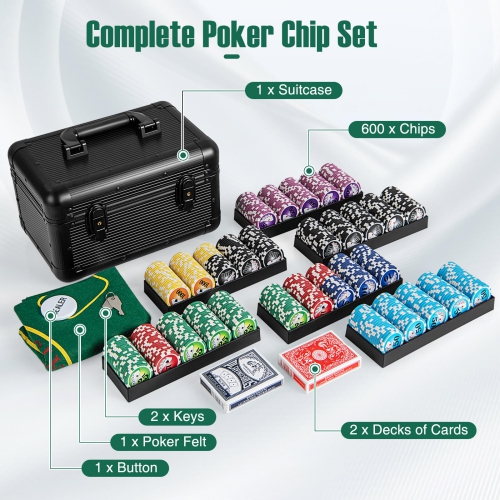 Ensemble de jetons de poker Texas Holdem de Costway avec 600 jetons, 2 paquets de cartes et un bouton de marchand