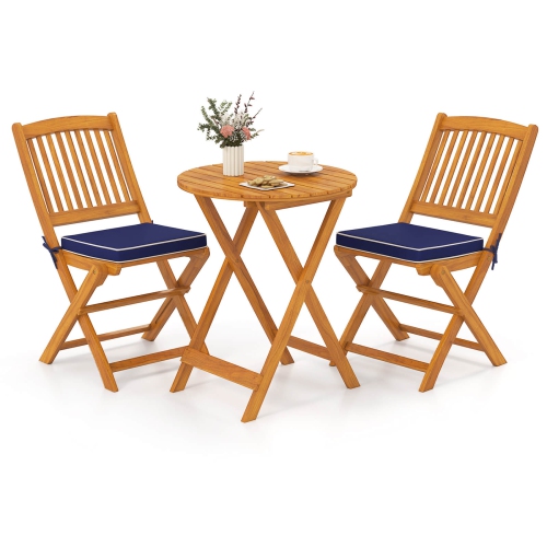 Costway 3 PCS Acacia Wood Patio Bistro Set Folding Table & Chairs Set with Cushions