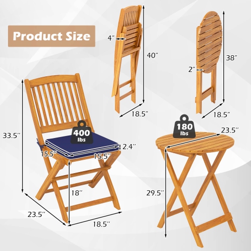 Costway 3 PCS Acacia Wood Patio Bistro Set Folding Table & Chairs Set with Cushions