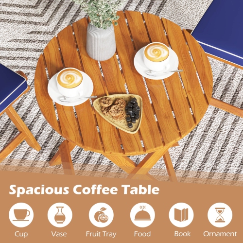 Costway 3 PCS Acacia Wood Patio Bistro Set Folding Table & Chairs Set with Cushions
