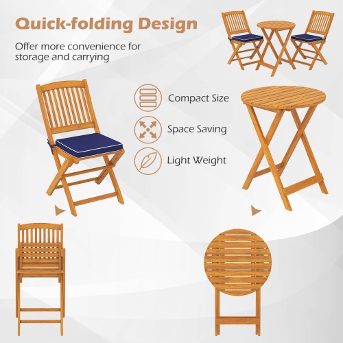 Costway 3 PCS Acacia Wood Patio Bistro Set Folding Table & Chairs Set with Cushions