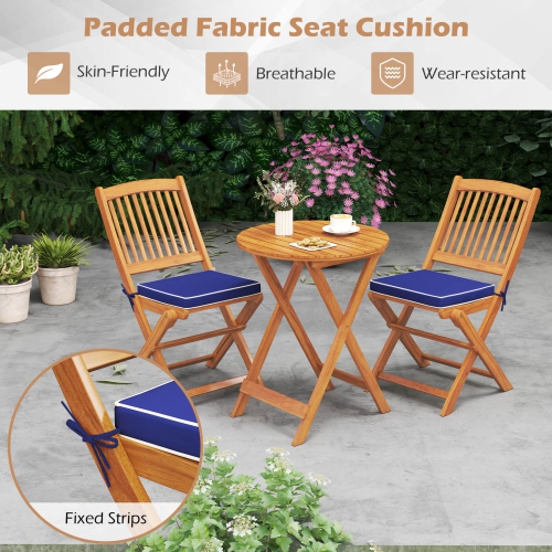 Costway 3 PCS Acacia Wood Patio Bistro Set Folding Table & Chairs Set with Cushions