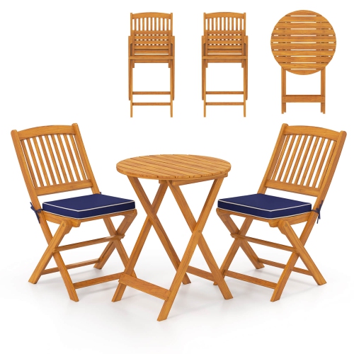 Costway 3 PCS Acacia Wood Patio Bistro Set Folding Table & Chairs Set with Cushions