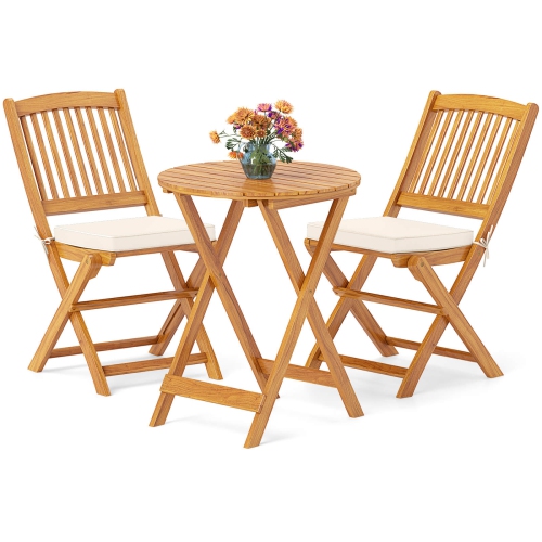 Costway 3 PCS Acacia Wood Patio Bistro Set Folding Table & Chairs Set with Cushions