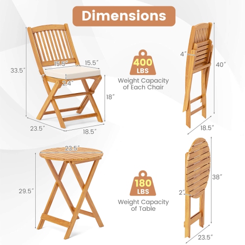 Costway 3 PCS Acacia Wood Patio Bistro Set Folding Table & Chairs Set with Cushions