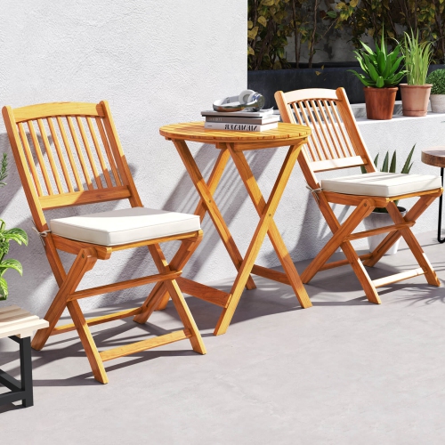 Costway 3 PCS Acacia Wood Patio Bistro Set Folding Table & Chairs Set with Cushions