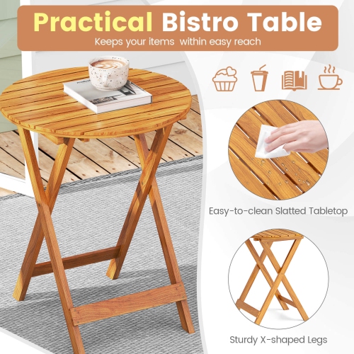 Costway 3 PCS Acacia Wood Patio Bistro Set Folding Table & Chairs Set with Cushions