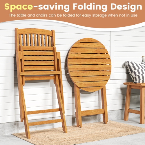 Costway 3 PCS Acacia Wood Patio Bistro Set Folding Table & Chairs Set with Cushions