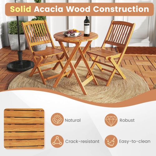 Costway 3 PCS Acacia Wood Patio Bistro Set Folding Table & Chairs Set with Cushions